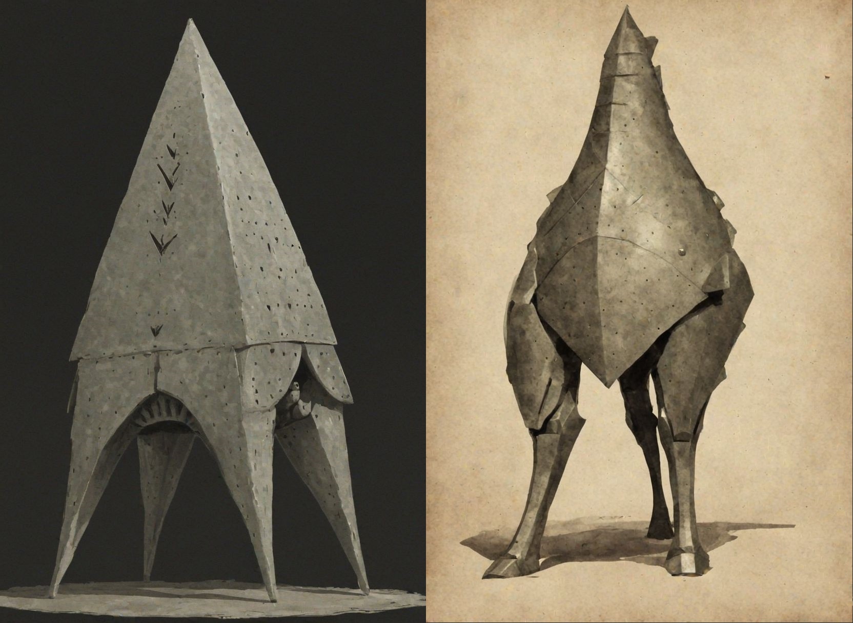 Triangular pyramid shaped helmet, head, bloated veiny knight, Quadruped , creature