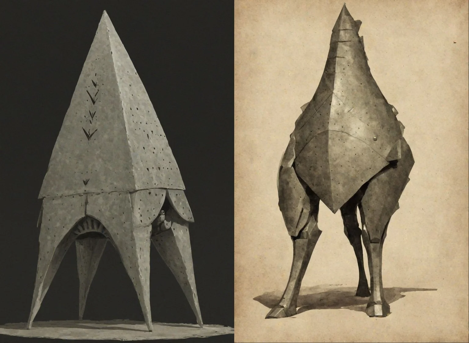 Triangular pyramid shaped helmet, head, bloated veiny knight, Quadruped , creature