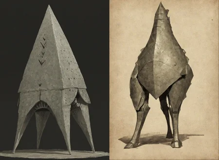 Triangular pyramid shaped helmet, head, bloated veiny knight, Quadruped , creature
