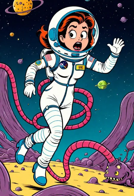 (rubber_hose_character:1.1), cartoon, frightened woman astronaut, chased by a really ugly monster