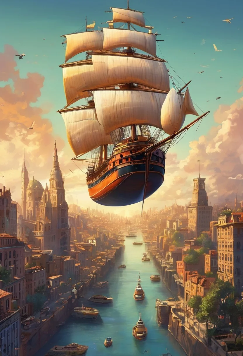 city, big ships floating in the sky, above the city