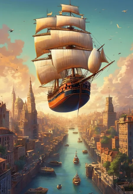 city, big ships floating in the sky, above the city