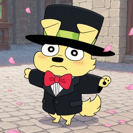 1boy, 2d, solo, Benny, male, anthro, dog, black eyes, black nose, yellow fur, face tuft, tail, tophat, outstretched arms, big tophat, animal ears on hat, red bowtie, white inner-shirt, black tuxedo, 

BREAK frown, blush lines, standing, outside, flower petals on ground, marriage ceremony, looking at viewer, frown

BREAK best quality, amazing quality, very aesthetic, absurdres, newest, masterpiece, high quality