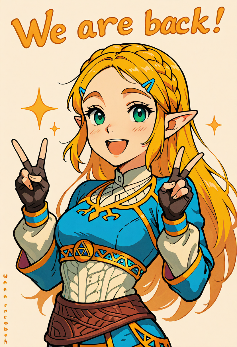 masterpiece, best quality, 1girl, solo, eyelashes, (beautiful eyes),    We4reSoB4ck, text, medium breasts, (curvy), princess zelda, long hair, crown braid, hairclip, pointy ears, blue shirt, long sleeves, fingerless gloves, black gloves, (upper body), white shirt, smile, teeth, :D, v,  ,<lora:We4reSoB4ck_IXL_v1:1.0>,