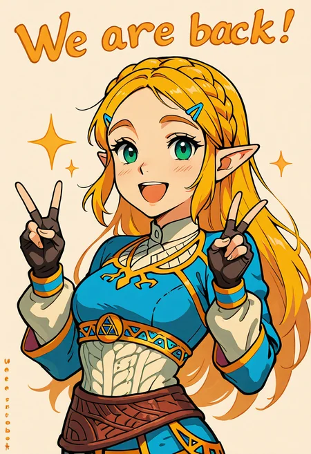 masterpiece, best quality, 1girl, solo, eyelashes, (beautiful eyes), We4reSoB4ck, text, medium breasts, (curvy), princess zelda, long hair, crown braid, hairclip, pointy ears, blue shirt, long sleeves, fingerless gloves, black gloves, (upper body), white shirt, smile, teeth, :D, v, ,<lora:We4reSoB4ck_IXL_v1:1.0>,