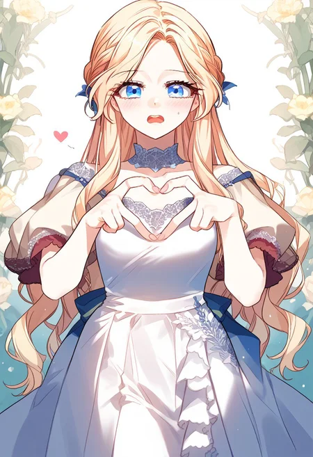 zPDXL3, score_9_up, score_8_up, score_7_up, (Anime_source), 1girl, 4-finger heart hands, heart hands, DorotheaMillanaire, blue eyes, blonde hair, long hair, Dorothea dress, braid, cowboy shot, from front, looking at viewer, cowboy shot, closed eyes, blush, open mouth
