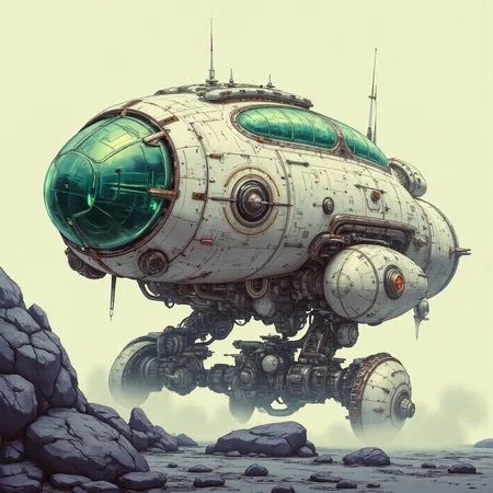Sketch of YFG-Zaat, sharp photo of a digital illustration of a futuristic creature that appears to be floating in the air. The creature is made up of multiple layers of metal and glass, with intricate details and patterns. The body of the creature is predominantly green, with a large circular window on the right side. The window is covered in small circles and dots, giving it a futuristic look.
The creature is standing on a rocky surface, with large rocks and boulders scattered around it. The rocks are covered in a layer of fog or mist, creating a mysterious and ethereal atmosphere. The background is a pale yellow, with hints of blue and green, giving the creature a sense of depth and mystery. The overall mood of the image is eerie and mysterious.