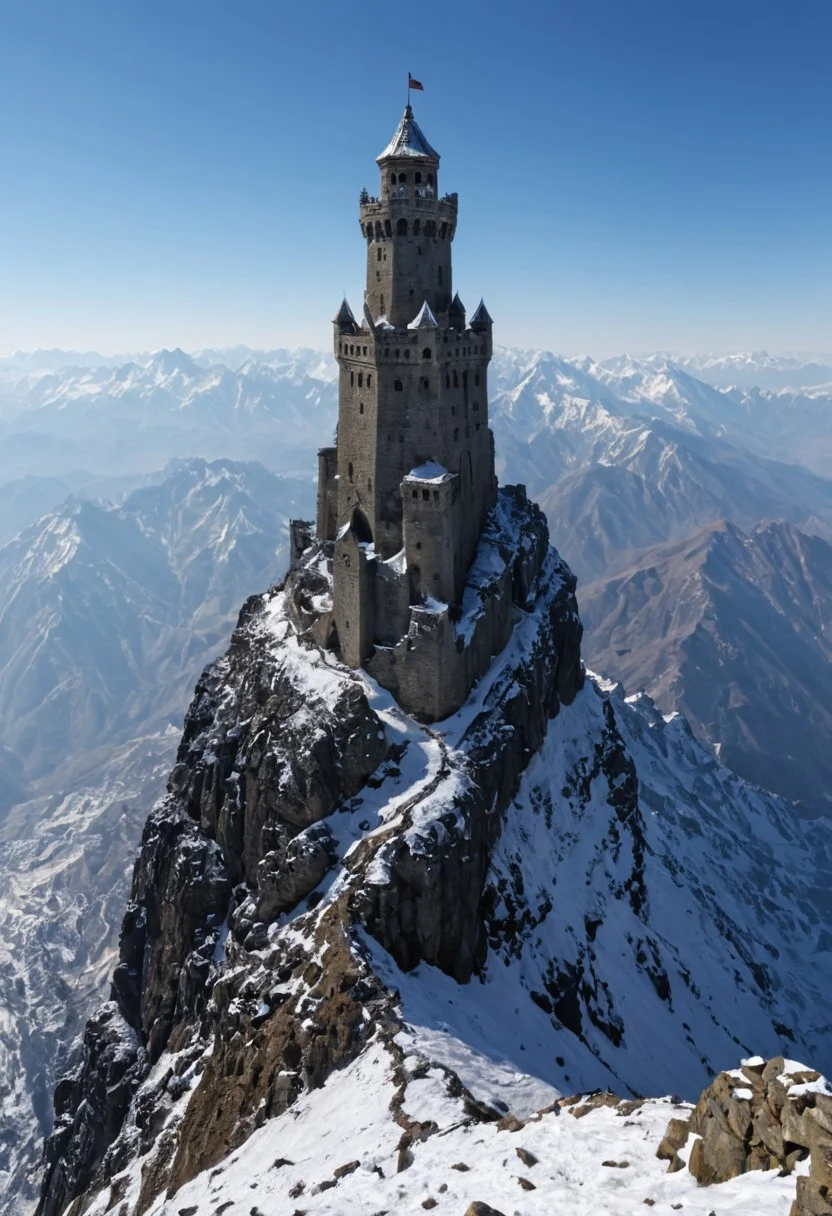 <lora:TheWeirdies_epoch_10:0.55>  , advntr , epiCPhotoGasm-colorfulPhoto, 
score_9, score_8_up, score_7_up, score_6_up
Durlag's Tower was  hollowed out the mountain for the rock that made up his tower and used the space created to hide further treasure. This local landmark was the isolated keep of within the remains of the tower and used the defenses created by Durlag to keep both itself and the treasure safe. Some claimed that this creature was a lich.
no humans
(Tower fortress high on the highest peak of the highest mountain with all other sharp and snowing peaks far below . The tower looks out over a side vista of the tops of countless mountains in a huge range like the Himalayas, snow and frost cover every surface. ) ((maximum detail, supreme quality, 4k, best clarity))