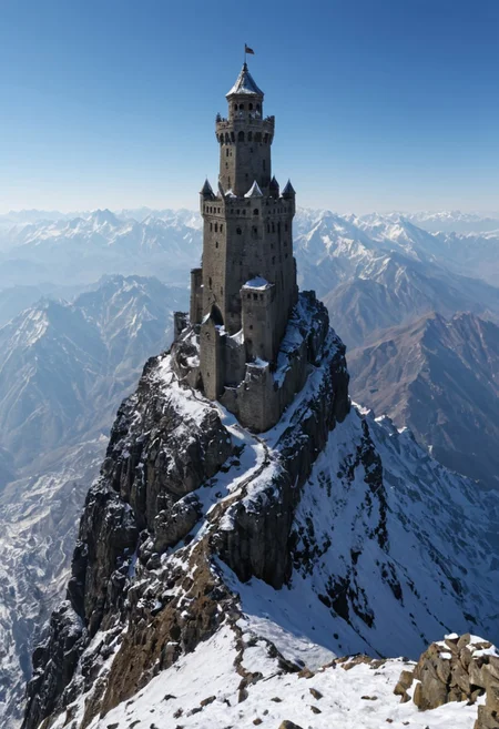 <lora:TheWeirdies_epoch_10:0.55> , advntr , epiCPhotoGasm-colorfulPhoto,
score_9, score_8_up, score_7_up, score_6_up
Durlag's Tower was hollowed out the mountain for the rock that made up his tower and used the space created to hide further treasure. This local landmark was the isolated keep of within the remains of the tower and used the defenses created by Durlag to keep both itself and the treasure safe. Some claimed that this creature was a lich.
no humans
(Tower fortress high on the highest peak of the highest mountain with all other sharp and snowing peaks far below . The tower looks out over a side vista of the tops of countless mountains in a huge range like the Himalayas, snow and frost cover every surface. ) ((maximum detail, supreme quality, 4k, best clarity))