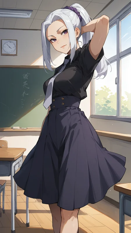 score_9,score_8_up,score_7_up,score_6_up, source_anime, zPDXL3, <lora:xl_more_art-full_v1:0.5>, woman, dynamic pose, crossed ankles, <lora:Mei Mei - Pony-000004:0.8>, bMei, white hair, ponytail, parted bangs, hair ornament, scrunchie, purple eyes, black shirt, grey necktie, dark purple skirt, long skirt, high-waist skirt, school, classroom,