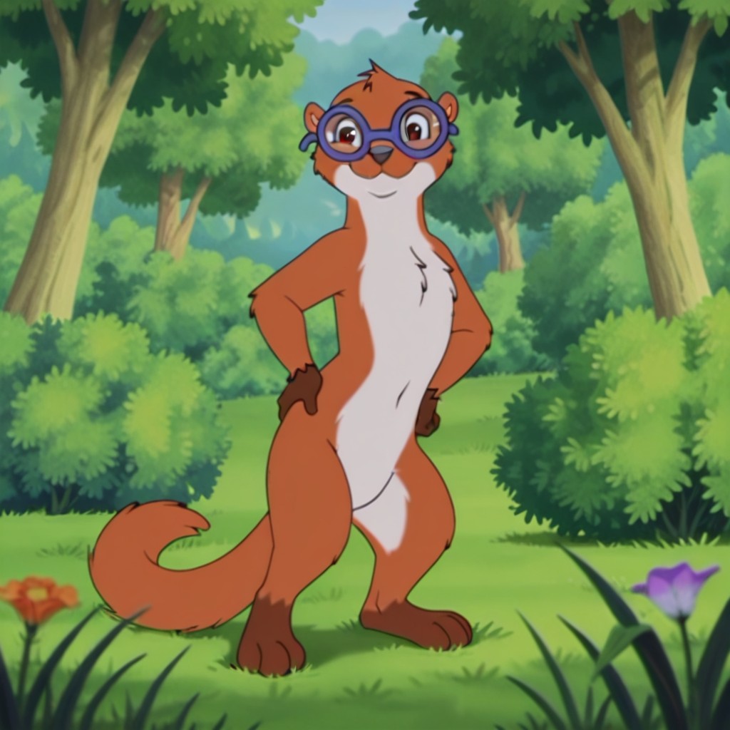 masterpiece, best quality, amazing quality, erminefrnklnil, semi-anthro, male ermine, orange fur, blue round glasses, brown eyes, solo, outdoors, nature, grass, forest, smile, day, flower, standing, full body, hands on hips, looking at viewer, <lora:cbd8413d-d0e6-4b55-8e6f-f7abe13134d9:1.0>