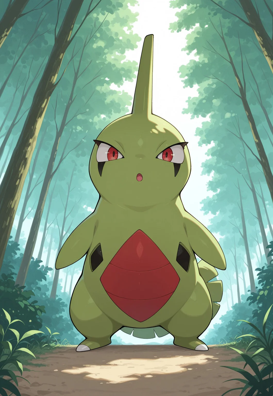 score_9, score_8_up, score_7_up, masterpiece, best quality, very aesthetic, absurdres, amazing quality, high resolution, ultra-detailed, volumetric lighting, newest, scenery, PKMN_Larvitar, 1other, solo, pokemon focus, red eyes, green skin, red belly, full body, standing, looking at viewer, :o, perspective, forest