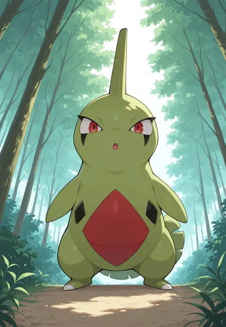 score_9, score_8_up, score_7_up, masterpiece, best quality, very aesthetic, absurdres, amazing quality, high resolution, ultra-detailed, volumetric lighting, newest, scenery, PKMN_Larvitar, 1other, solo, pokemon focus, red eyes, green skin, red belly, full body, standing, looking at viewer, :o, perspective, forest