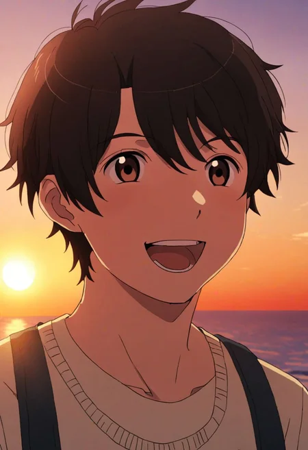 high resolution, solo, best quality, 1Boy, Inaho Kaizuka, Black Hair, Brown Eyes, laughing, very happy, sunset, looking at viewer,, OverallDetail