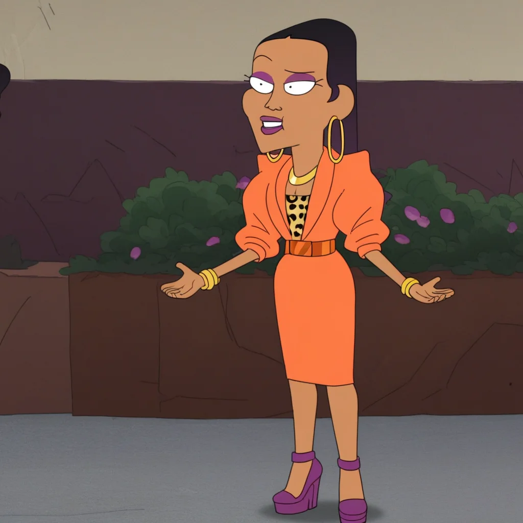standing, 1 girl, expressive eyes, black hair, orange suit jacket with rolled up sleeves, gold necklace, gigi_ij, curvy body, full body, purple platform heels, straight hair, black eyes, smile, brown skin, purple eyeshadow, purple lips, shiny copper belt, Gigi_IJ, alone, orange pencil skirt, in an office, two gold bracelets, gold hoop earrings, leopard print top under jacket, Alone, Score_9