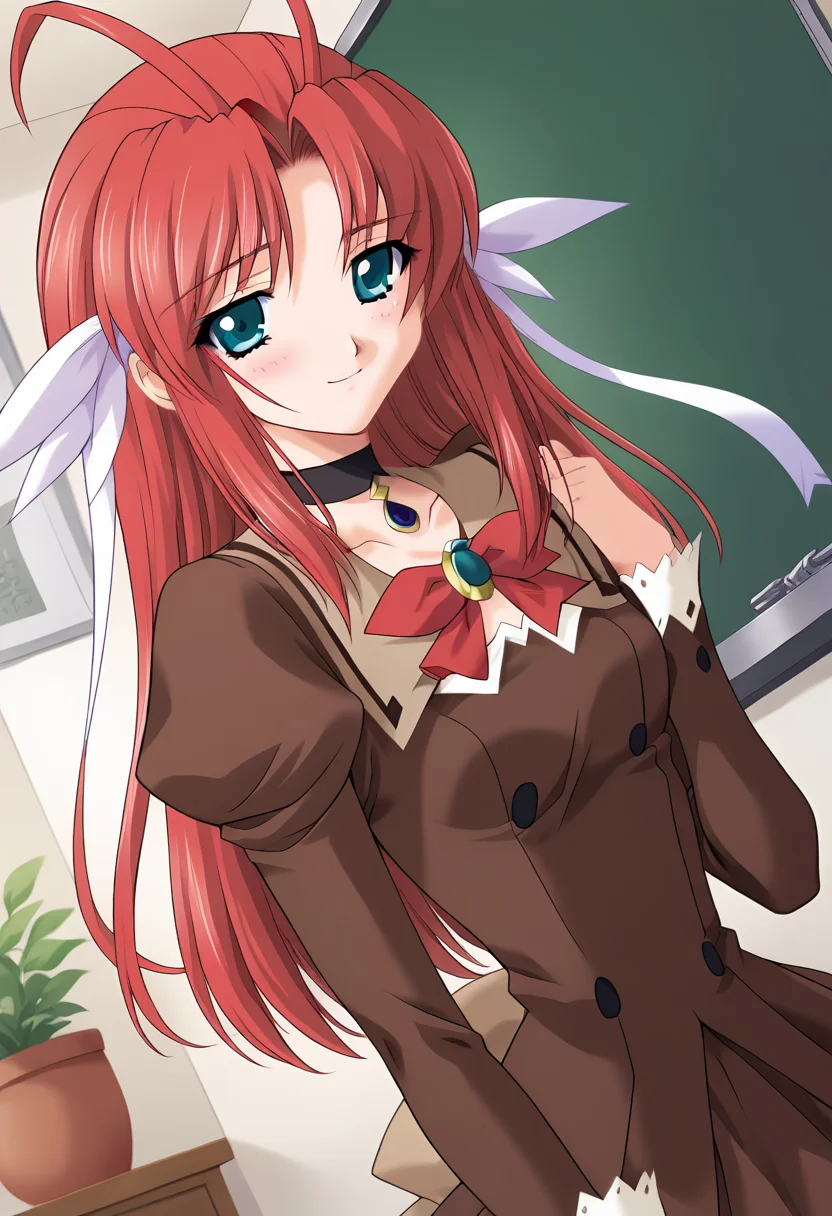 score_9, score_8_up, score_7_up, score_6_up, score_5_up, score_4_up, masterpiece, source_anime, 1girl, c tear, long hair, red hair, antenna hair, aqua eyes, hair ribbon, brown dress, choker, red bowtie, blue brooch, juliet sleeves, long sleeves, beige bow, indoors, chalkboard, day, depth of field, dutch angle, blush, looking at viewer, light smile,
