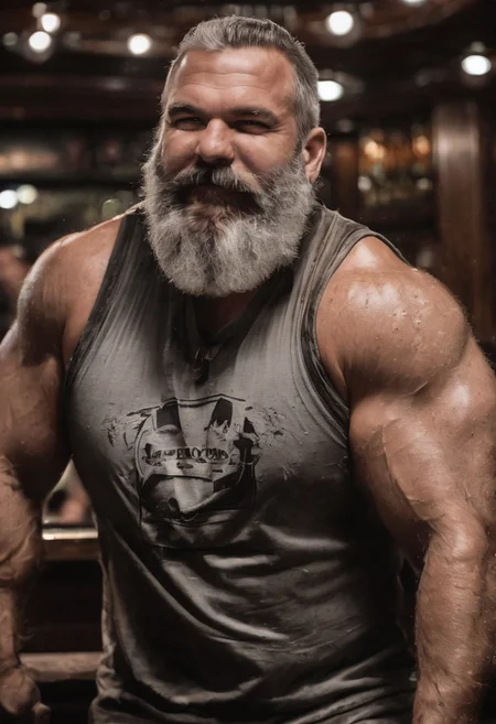 dark night, very dark, heavy metal music, alternative rock music, trucker, biker, daddybear, gay bear, ((romantic flirty expression, intimate, cinematic hazey atmosphere, arthouse movie, dark, nighttime, night, dark shadows, photograph, romantic movie scene)), mature german strongman man, weightlifter, bodybuilder, heavyset bodybuilder, wide strong shoulders, bavarian daddy, tanned skin, sweaty skin, sweating, oily skin, extremely hairy, hairy chest, hairy arms, hairy shoulders, thick arms, big arms, gigantic biceps,muscular biceps, thick forearems, hairy armpits, big belly, gigantic chest, big muscuclar pecs, hairyt body, well proportionated body, symetrical body, handsome chubby mature face, loving expression, flirty smirk, leather jeans, colorful tattoos, tattoos, golden jewellery, chunky golden rings, gold earring, hairy body, in a dark pub. Shirtless, Barecheted. Bar at night, nighttime, dim, janitor, hobo, construction worker, trucker, brute, wise, barbarian, berserker, leader, boss, ((flexing his massive biceps, tanned mature german bodybuilder that likes heavy metal music)), (((open welcoming arms, ready for a hug, hugging pose))), hairy body, ((masculine manly chubby face, extremely intimate sensual expression, loving expression)), perfect hands, masculine big hands, (((sensual sexy pose, leaning against a wall in a bar pub at night, dark night)))
detailxl, skindetailpxl , hairdetailpxl