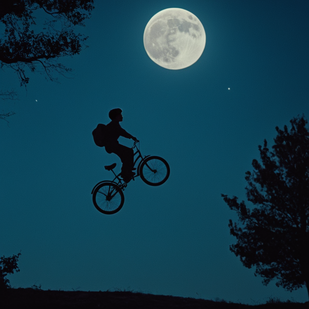 cinematic film still of  <lora:1980's style:1>
In the 1980's a person hovering on a bike in the air with full moon in background in a scene from et movie,1boy,monochrome,outdoors,sky,cloud,tree,night,moon,ground vehicle,star (sky),scenery,full moon,blue theme,silhouette,planet,bicycle,wheelchair , realistic,realism, detailed, perfection,perfect,filmic,retro,vintage,classic,different haircut,different look,different style,different people, 1980's style , 1980 style, shallow depth of field, vignette, highly detailed, high budget, bokeh, cinemascope, moody, epic, gorgeous, film grain, grainy