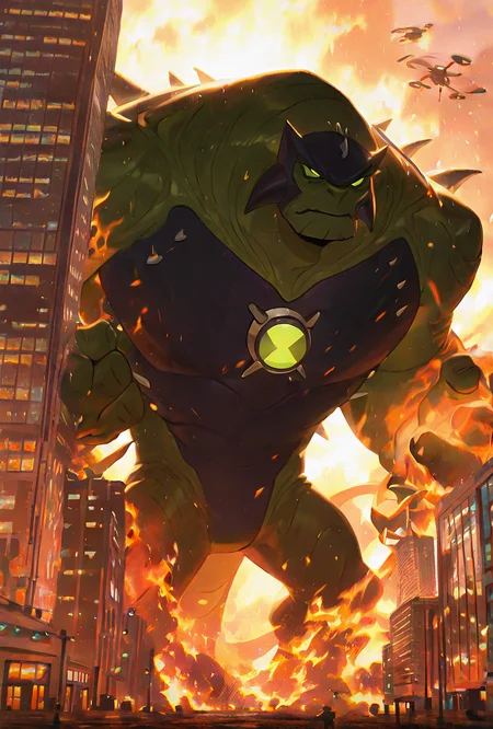 <lora:ulthum-09:1> ulthum, spikes, solo, no humans, green eyes, green skin,,  <lora:WSSKX_WAI:1>, fire background, giant, standing behind building, covered by building, skyscraper view, giant, kaiju, fire everywhere, dynamic pose, upper body, helicopters, movie scene, golden hour,, masterpiece, best quality, amazing quality, very aesthetic, absurdres, newest,