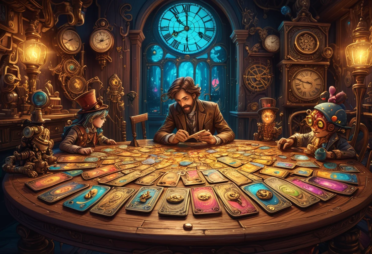 title card with the text 'User Guide' written in ornate and golden letters. An artistic scene showing a bunch of character cards spilled across a wooden table, clockwork mechanisms. Each card features a vividly colored, beautifully illustrated character. The table is illuminated with a mix of warm, ambient light and glowing highlights, creating a magical, enchanting atmosphere. In the center of the scene. The overall image is vibrant, colorful, and rich in detail, evoking a sense of fantasy and wonder. Psychedelic colorful theme.