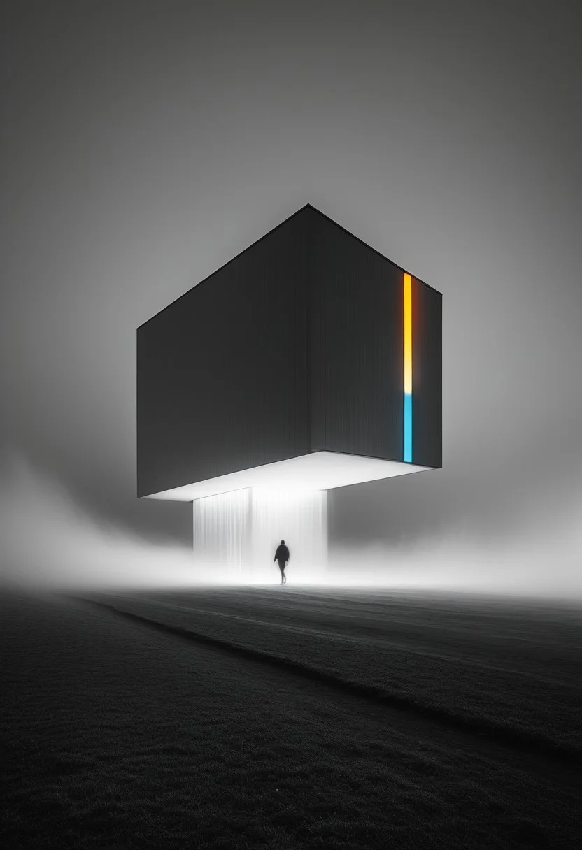 A lone stylized cartoon character with exaggerated features and bright colors skips through a vast, foggy landscape, their vibrant form contrasting the surreal monochrome world around them., phenomenological architecture, long exposure photography, ephemeral light traces, spatial poetry, sculptural modernism, temporal abstraction, architectural dissolution, light and shadow interplay, conceptual minimalism, motion blur through time, ghostlike human presence, intuitive material form, contemplative spatial narrative, atmospheric structure, temporal distortion, photographic time-lapse, luminous transience, architecture as memory