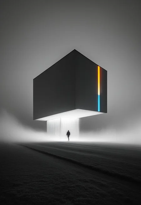 A lone stylized cartoon character with exaggerated features and bright colors skips through a vast, foggy landscape, their vibrant form contrasting the surreal monochrome world around them., phenomenological architecture, long exposure photography, ephemeral light traces, spatial poetry, sculptural modernism, temporal abstraction, architectural dissolution, light and shadow interplay, conceptual minimalism, motion blur through time, ghostlike human presence, intuitive material form, contemplative spatial narrative, atmospheric structure, temporal distortion, photographic time-lapse, luminous transience, architecture as memory