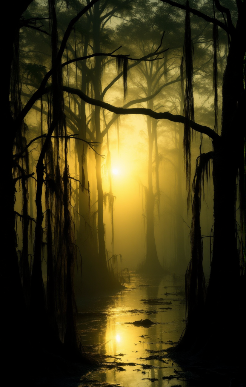The image captures a serene and mystical forest scene during what appears to be early morning or late evening. The sun's rays pierce through the dense canopy casting a golden hue over the water below. Moss-covered trees with hanging branches dominate the scene and the water reflects the surrounding trees. Eerie atmosphere <lora:- Flux1 De-Distilled - temp_haunting_cre_1.0-step00002400:.8>