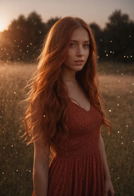 cinematic photo ,Portrait, woman 20y, red full long hair, in summer dress, particles flying through the sunset in the background,  sensual body emphasized by lightrays,  <lora:Neutral_Light-Rays_XL:0.4>  <lora:Particles_XL_r1:0.4> particles in the backround,  . 35mm photograph, film, bokeh, professional, 4k, highly detailed