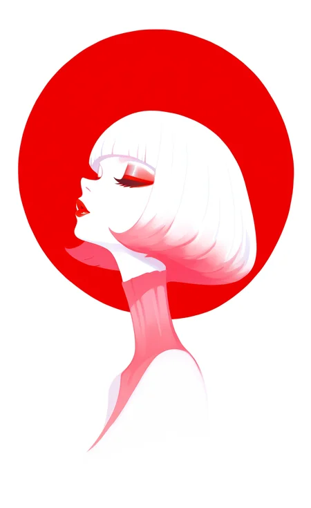 masterpiece, best quality, good quality, very awa, very aesthetic, absurdres, newest, 1girl, solo, short hair, simple background, white background, upper body, closed eyes, white hair, pink hair, multicolored hair, parted lips, blunt bangs, from side, lips, profile, makeup, turtleneck, bob cut, lipstick, eyeshadow, nose, red lips, red theme, circle, haiz_ai, no lineart,no outline, <lora:ponyv6_noobV1_2_adamW-000017:0.7> <lora:USNR_STYLE_XL_lokr:0.45> <lora:MeMaXL4:0.7> <lora:haiz_ai_illu:0.7>