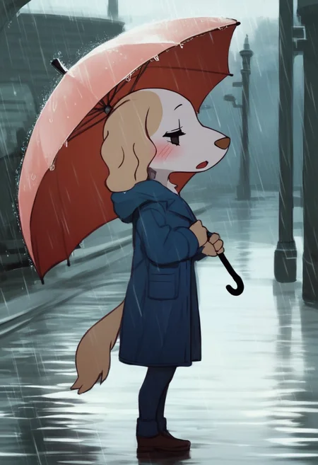 <lora:Inui_Aggretsuko-03:1> score_9, score_8_up, score_7_up, score_6_up, score_5_up, score_4_up, inui_aggretsuko, dog girl, furry female, standing, full body, lineart, blush, half-closed eyes, from side, open mouth, snout, black eyes, coat, outdoors, umbrella, rain, pants, shoes, holding umbrella, 1girl