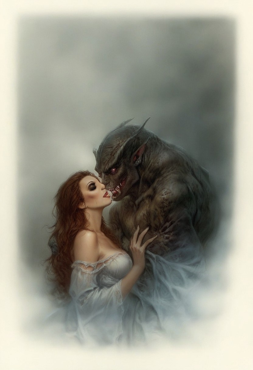 score_9, score_8_up, score_7_up, score_6_up, semi-realistic, (1girl), (1boy).  
MonsterLove, male monster, blondie girl with sexy makeup.
kiss.