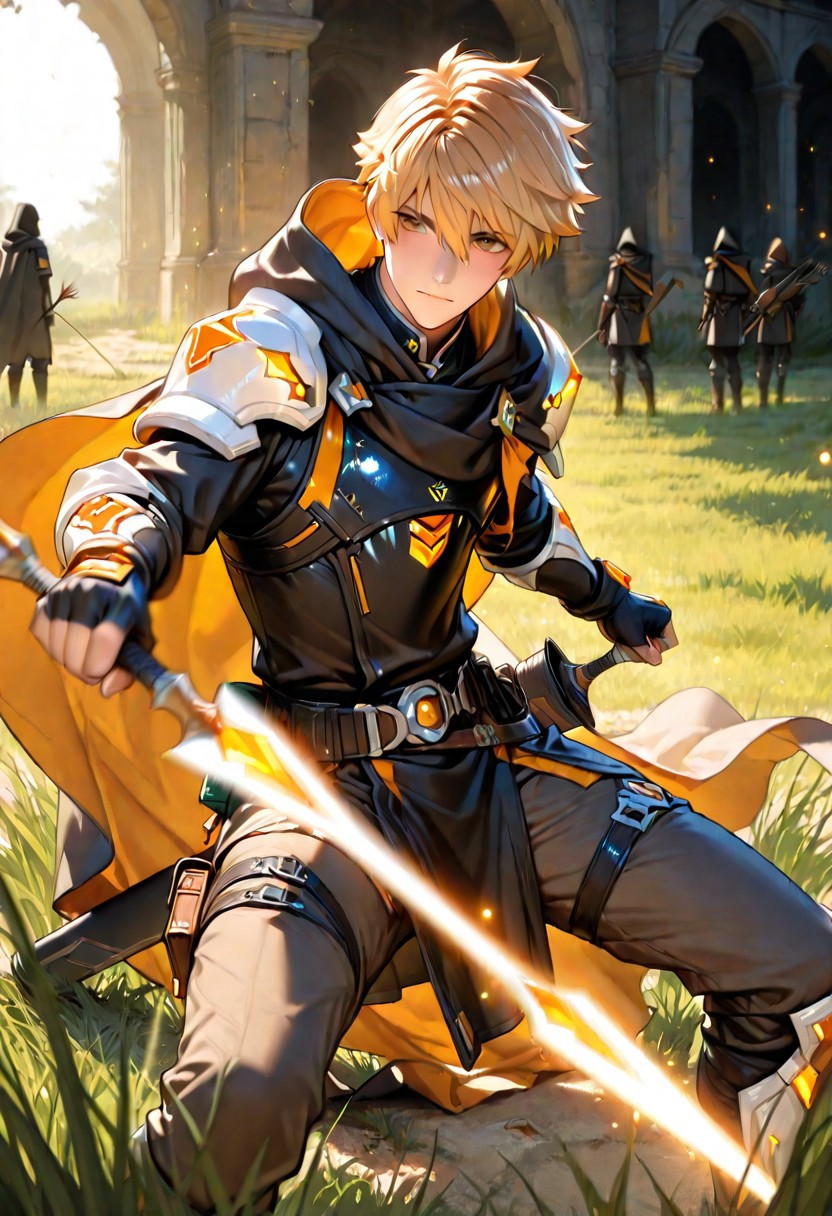 1boy, male beauty, bishounen, 18 years old, slim body, princely appearance, short hair, messy brown hair, blonde hair highlights, ginger hair highlights, hazelnut eyes, soft facial features, noble expression, high cheekbones, light tanned skin, focused expression,  break, wearing light ranger armor, sleek and elegant, dark leather and cloth, fitted black tunic, suede pants, fingerless gloves, hooded cloak pushed back, thigh strap quiver with arrows, finely crafted longbow drawn and ready to shoot, arrow nocked, full draw pose, body slightly twisted, tense muscles, cloak flowing behind, crouched or dynamic stance, surrounded by tall grass or ruins, break, dramatic lighting, wind effects, glowing particles, cinematic framing, (masterpiece, best quality, detailed character design, fantasy ranger, motion blur, tension)