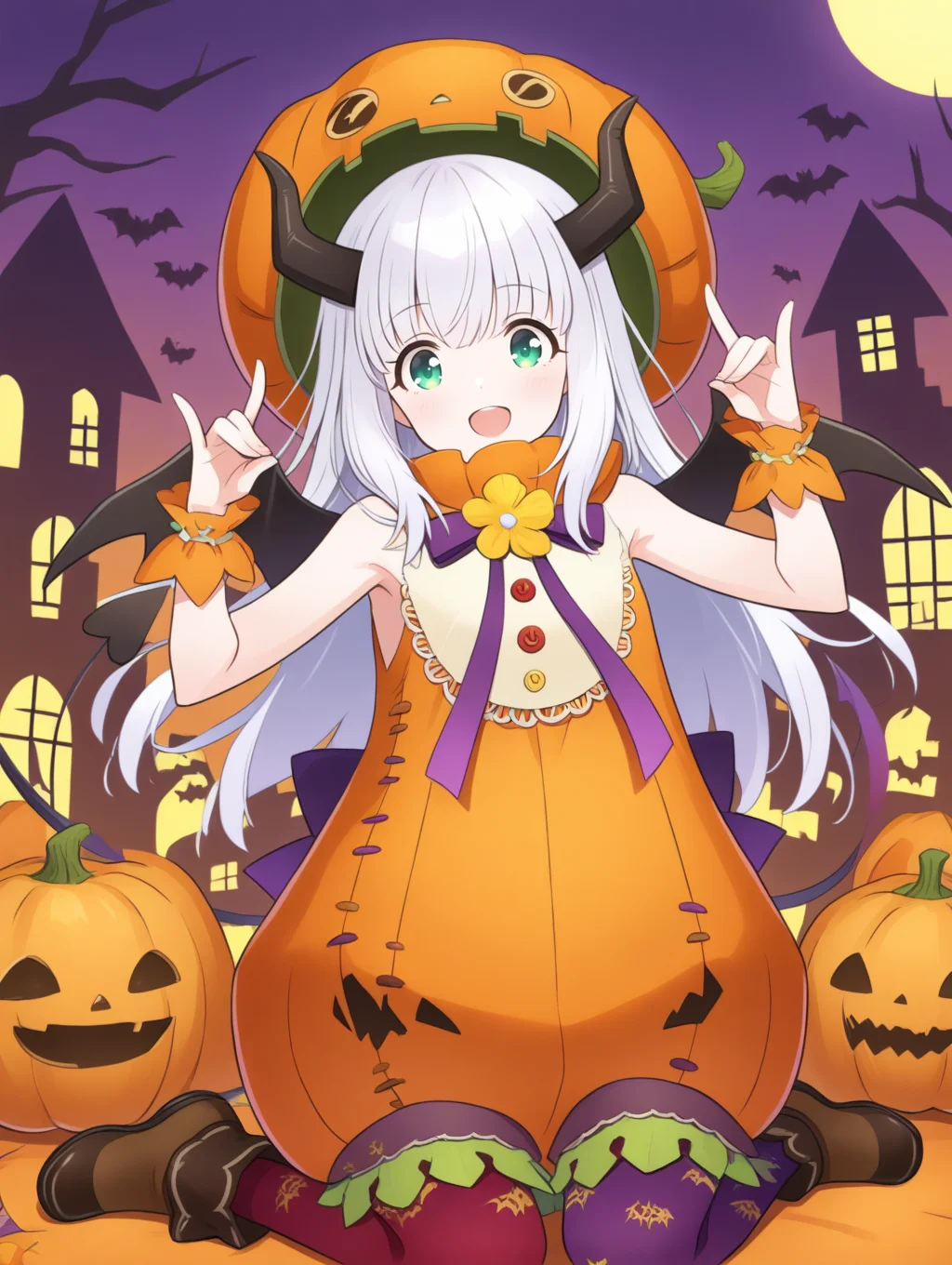 perfect quality,best quality,absolutely eye-catching,ambient occlusion,raytracing BREAK
1girl,<lora:riria kabotya IL v1.1:1>,kabotya,white hair,green eyes,long hair,horns,halloween,halloween costume,pumpkin,hat,sleeveless,wrist cuffs,wings,ribbon,demon tail,red legwear,purple legwear,shoes,print legwear,, straight-on,upper_body,kneeling,fox_shadow_puppet,arm_support,wariza,
