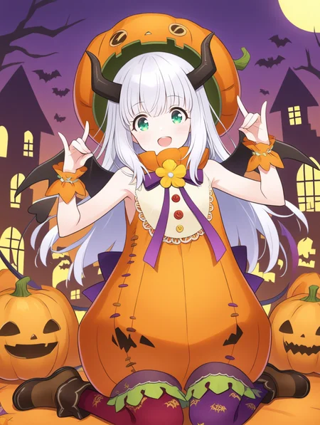perfect quality,best quality,absolutely eye-catching,ambient occlusion,raytracing BREAK
1girl,<lora:riria kabotya IL v1.1:1>,kabotya,white hair,green eyes,long hair,horns,halloween,halloween costume,pumpkin,hat,sleeveless,wrist cuffs,wings,ribbon,demon tail,red legwear,purple legwear,shoes,print legwear,, straight-on,upper_body,kneeling,fox_shadow_puppet,arm_support,wariza,