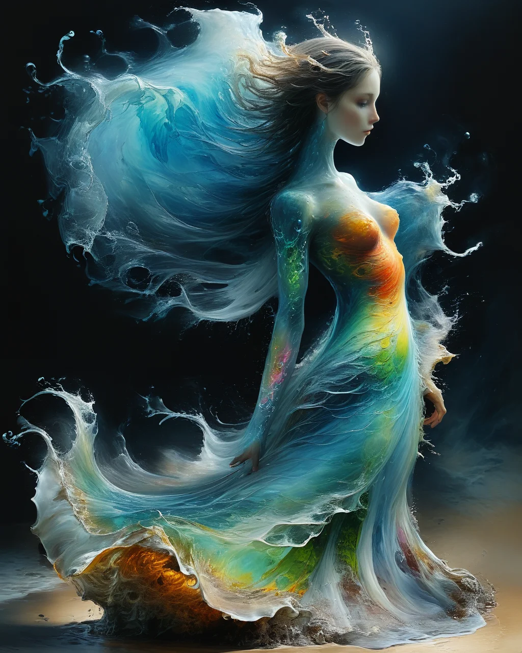(rolling wave forming a full bodied beautiful female water elemental with colorful organic bioluminescent patterns:1.9), reflections, sheen, hyperrealistic, ultra resolution, professional photo, Jean-Baptiste Monge Style page scan l <lora:add-detail-xl:0.8> <lora:xl_more_art-full_v1:0.5> <lora:Jean-Baptiste Monge Style:1>