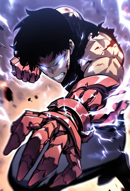 8K, depth of field, focused subject, best quality, <lora:solo_leveling_by_readandsign_fin-000014:1>,
rf64u, solo, looking at viewer, black hair, gloves, 1boy, male focus, teeth, torn clothes, blood, muscular, glowing, scar, clenched teeth, glowing eyes, claws, red gloves, injury, fighting stance, electricity, punching, incoming attack