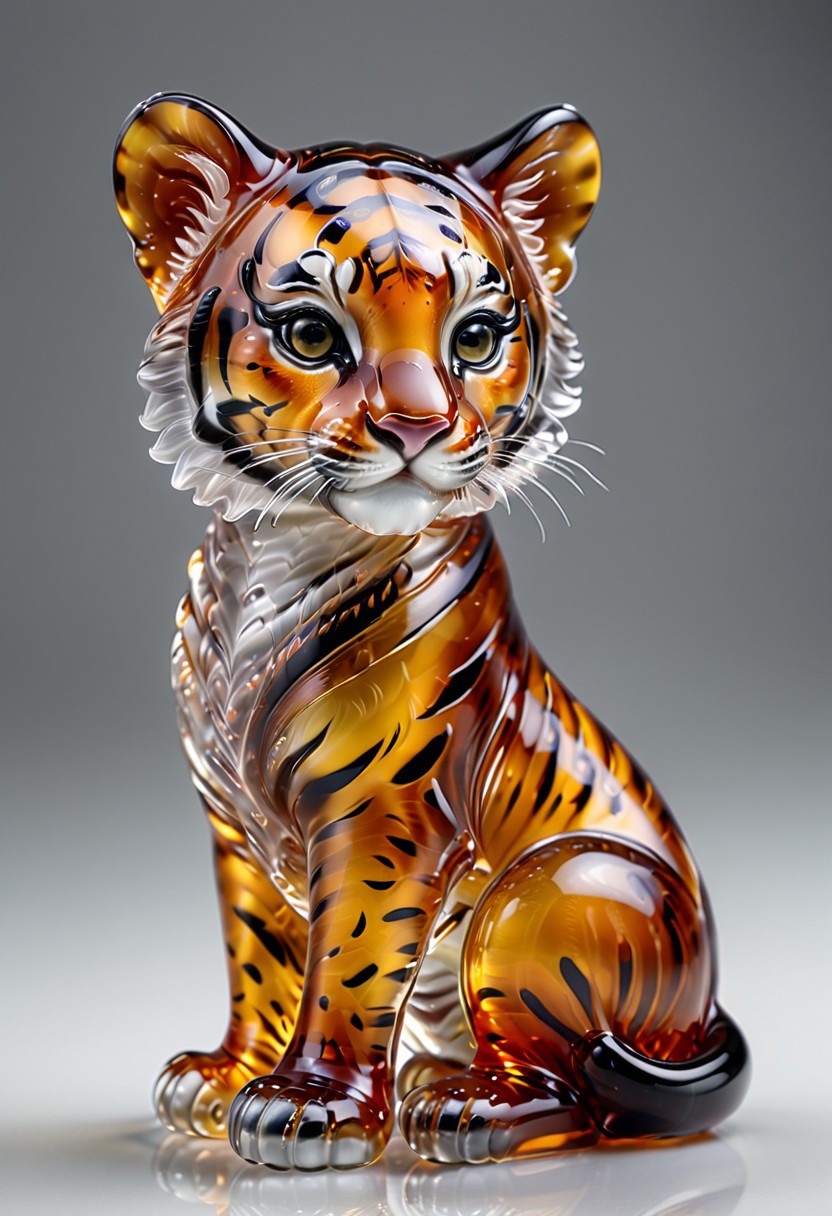 murano_glass_style
 baby tiger, tiny tiger cub, held in hands, realistic fur texture, vivid stripes, amber eyes, soft lighting, adorable animal, gentle moment, protective hands, lifelike animal art, tender interaction, cute wild animal, miniature tiger, hyperrealistic style