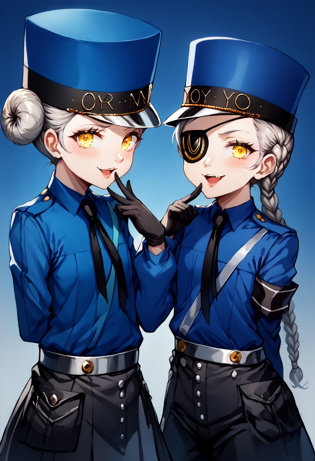 score_9, score_8_up, score_7_up, source_anime, uncensored, zPDXLxxx, <lora:intricate_details:1> intricate_details_xl, simple background, gradient background, (2girls, side-by-side:1.4) <lora:Persona5_Justine_Caroline_v1.0:1> full body <lora:Mesugaki_Concept_v1.1:1> mesugaki, smug, skin fang, hand to own mouth
CarolineP5, caroline (persona 5), official outfit, yellow eyes, glowing eyes, narrowed eyes, gloves, hat, hair bun, double bun, short hair, eyepatch, black gloves, necktie, long sleeves, blue headwear, looking at viewer, shirt, grey hair, armband, blue shirt, black skirt, wing collar
JustineP5, justine (persona 5), official outfit, yellow eyes, gloves, hat, braid, single braid, eyepatch, black gloves, long hair, necktie, long sleeves, blue headwear, looking at viewer, shirt, grey hair, armband, blue shirt, black shorts, wing collar