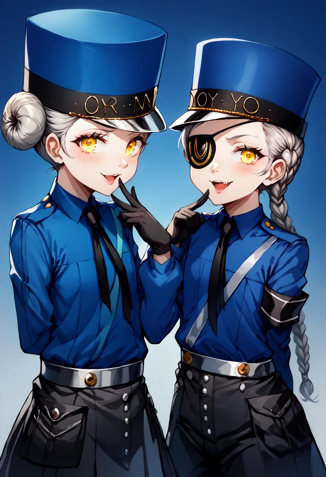 score_9, score_8_up, score_7_up, source_anime, uncensored, zPDXLxxx, <lora:intricate_details:1> intricate_details_xl, simple background, gradient background, (2girls, side-by-side:1.4) <lora:Persona5_Justine_Caroline_v1.0:1> full body <lora:Mesugaki_Concept_v1.1:1> mesugaki, smug, skin fang, hand to own mouth
CarolineP5, caroline (persona 5), official outfit, yellow eyes, glowing eyes, narrowed eyes, gloves, hat, hair bun, double bun, short hair, eyepatch, black gloves, necktie, long sleeves, blue headwear, looking at viewer, shirt, grey hair, armband, blue shirt, black skirt, wing collar
JustineP5, justine (persona 5), official outfit, yellow eyes, gloves, hat, braid, single braid, eyepatch, black gloves, long hair, necktie, long sleeves, blue headwear, looking at viewer, shirt, grey hair, armband, blue shirt, black shorts, wing collar