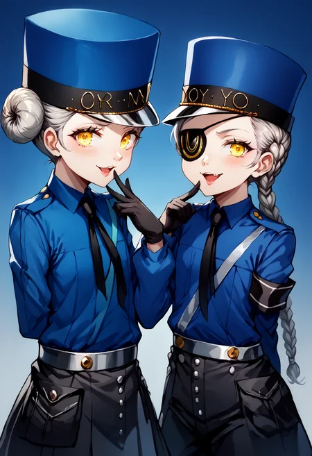 score_9, score_8_up, score_7_up, source_anime, uncensored, zPDXLxxx, <lora:intricate_details:1> intricate_details_xl, simple background, gradient background, (2girls, side-by-side:1.4) <lora:Persona5_Justine_Caroline_v1.0:1> full body <lora:Mesugaki_Concept_v1.1:1> mesugaki, smug, skin fang, hand to own mouth
CarolineP5, caroline (persona 5), official outfit, yellow eyes, glowing eyes, narrowed eyes, gloves, hat, hair bun, double bun, short hair, eyepatch, black gloves, necktie, long sleeves, blue headwear, looking at viewer, shirt, grey hair, armband, blue shirt, black skirt, wing collar
JustineP5, justine (persona 5), official outfit, yellow eyes, gloves, hat, braid, single braid, eyepatch, black gloves, long hair, necktie, long sleeves, blue headwear, looking at viewer, shirt, grey hair, armband, blue shirt, black shorts, wing collar