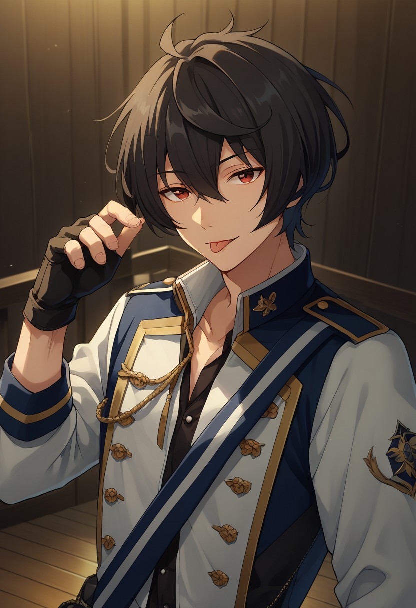 score_9, score_8_up, score_7_up, source_anime, highly detailed, 
ritsusakuma, 1boy, male focus, solo, gloves, red eyes, black hair, fingerless gloves, black gloves, striped, striped pants,  knights uniform, upper body, looking at viewer, tongue out,
indoor, stage