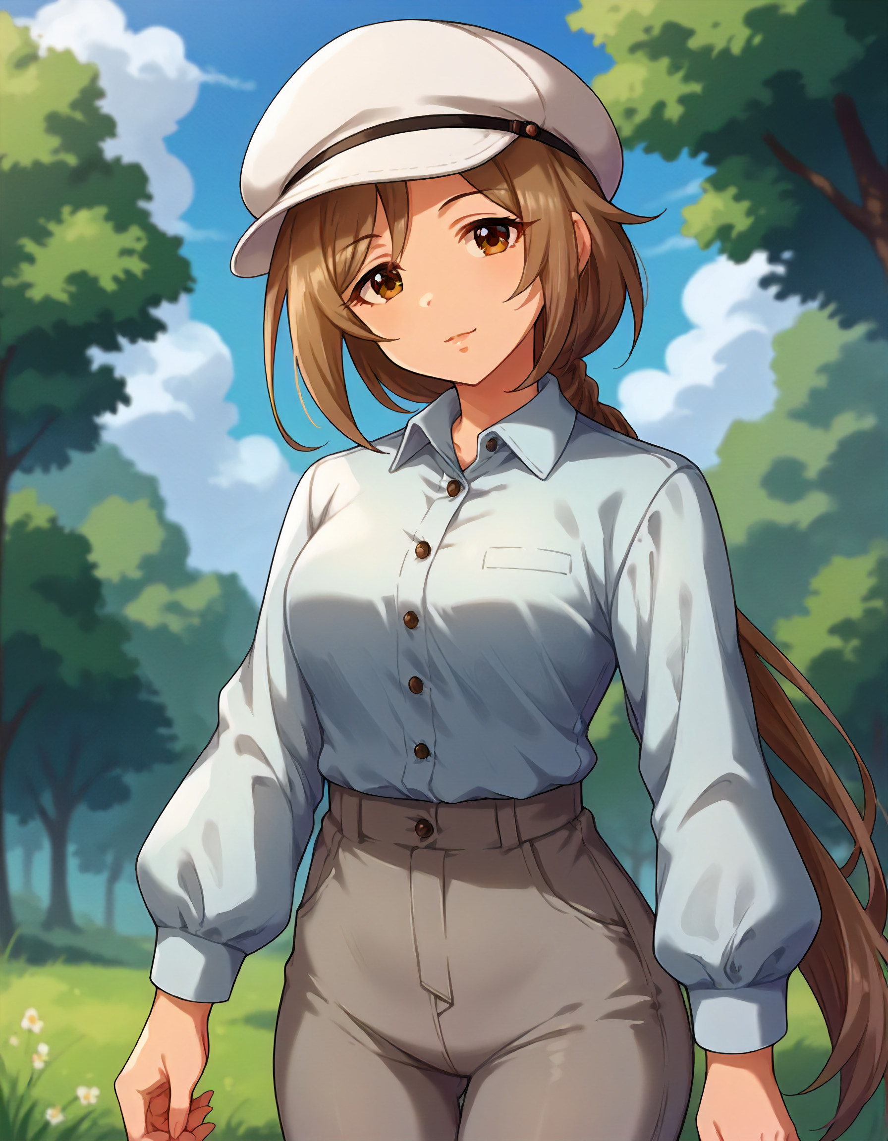 score_9,score_8_up,score_7_up,1girl,solo,cowboy shot,looking at viewer,(smile:0.4),outdoors,
<lora:ijuuinmegumi_ponyXLV6:0.8>,cgim,
brown hair,low ponytail,brown eyes,
white hat,blue collared shirt,long sleeves,grey pants