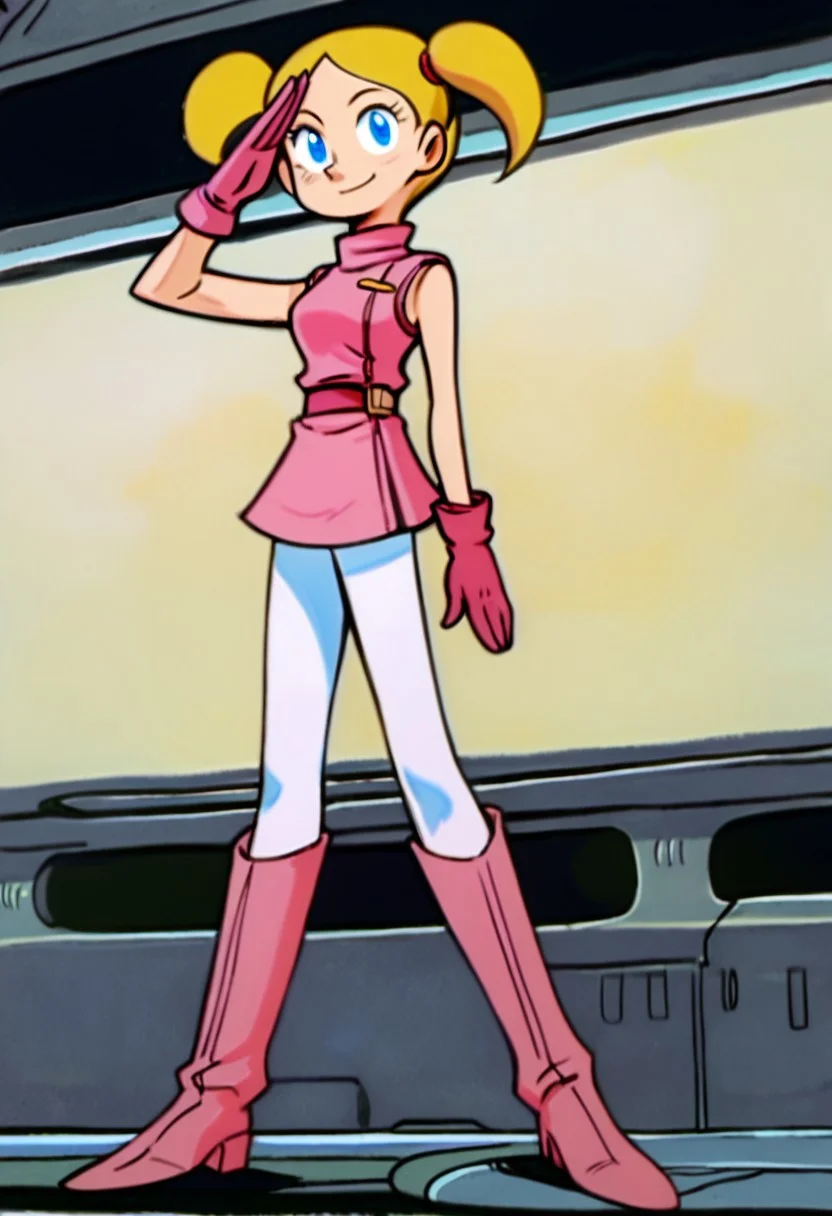 score_9, score_8_up, score_7_up BREAK DeeDeeDL, 1girl, blonde hair, pigtails, blue eyes, smiling at viewer, full body, solo, solo focus, pink uniform, turtleneck, sleeveless, pink gloves, pink belt, white leggings, pink boots, anime, salute, spaceship, stars,