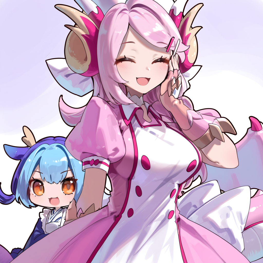 (score_9:0.9),score_8_up,score_7_up,anime style,rating_safe,(zPDXL),<lora:Nurse dragonmaid ponyXL v1:0.91>,nurse cap, nurse dragonmaid, pink wings, nurse dress, pink fingerless gloves,  laundry dragonmaid, blue maid outfit, blue fingerless gloves, multiple girls, closed eyes, 3girls, 2girls, open mouth, chibi, large breasts, smile, holding figure. hand on own face
