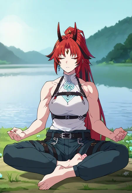 <lora:modern_anime_screencap_v1_0:0.8>,source_anime,score_9, score_8_up, score_7_up, score_6_up, score_5_up, score_4_up, 1girl,solo,<lora:age_slider_v4:1.2>,adult,tall female, golden eyes, red makeup, red hair, streaked hair, long hair ponytail, ponytail, short hairs, red and black horns, spiky horns, breasts, large round breasts, oni, demon queen, demon lord, muscular,(thick thighs:0.6),(angry:0.6),(half-closed eyes:0.8),black baggy pants,white top,high collar,belt,harness,looking at viewer, FEI XIAO REGULAR WEAR, , hud_m3dit4tion, anime style, sitting, on floor, pants, facing viewer, closed eyes, <lora:med:0.8>, outdoors, lake, dawn, clear sky, flower, negative_hand, NegfeetV2, barefoot, dinamic lighting, highly detailed background, ashes of a bonfire. closeup