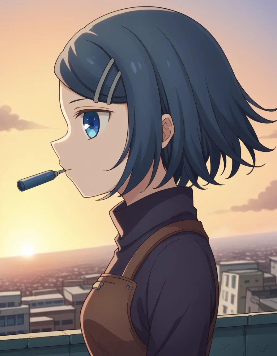 score_9, score_8_up, score_7_up, source_anime, <lora:dungeonpeople-clay-s1-ponyxl-lora-nochekaiser:1>, clay, short hair, blue eyes, black hair, hair ornament, blue hair, hairclip, swept bangs,, dress, belt, long sleeves, turtleneck,, rooftop, sunset, cityscape, quiet moment, wind blowing, contemplative, , looking at viewer, from side, solo,, cowboy shot, dutch angle