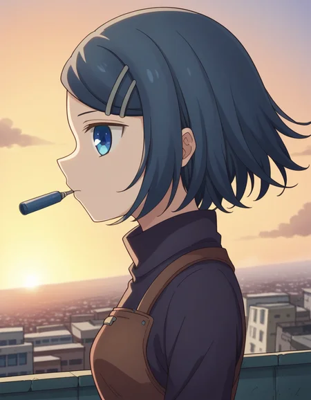 score_9, score_8_up, score_7_up, source_anime, <lora:dungeonpeople-clay-s1-ponyxl-lora-nochekaiser:1>, clay, short hair, blue eyes, black hair, hair ornament, blue hair, hairclip, swept bangs,, dress, belt, long sleeves, turtleneck,, rooftop, sunset, cityscape, quiet moment, wind blowing, contemplative, , looking at viewer, from side, solo,, cowboy shot, dutch angle