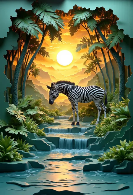 Thick layered papercut art brings to life a serene jungle scene where a majestic zebra bends gracefully to drink from a tranquil stream. In pastel hues and romantic artistry, the composition captures the dense, vibrant foliage of the jungle, with tall, layered trees and cascading leaves creating a lush, textural canopy.
The zebra’s striped pattern is meticulously crafted, each black and white stripe rendered with exquisite precision, standing out against the vivid greens of the jungle. The water ripples delicately, reflecting the golden glow of the setting sun and the soft hues of drifting clouds above.
The sky transitions from warm yellows and oranges at the horizon to deep blues as it stretches upward, the interplay of colors enhancing the scene’s dreamlike quality. Shadows cast by the jungle foliage add depth and dimension, with every layer of papercut art stacked to create a tangible, volumetric feel.
The artwork captures the intricate details of the zebra, the jungle, and the dynamic lighting, creating an ethereal atmosphere that feels both surreal and alive. This stunning 3D papercut masterpiece radiates vibrancy, texture, and artistry, immersing the viewer in a beautifully crafted moment of nature’s wonder