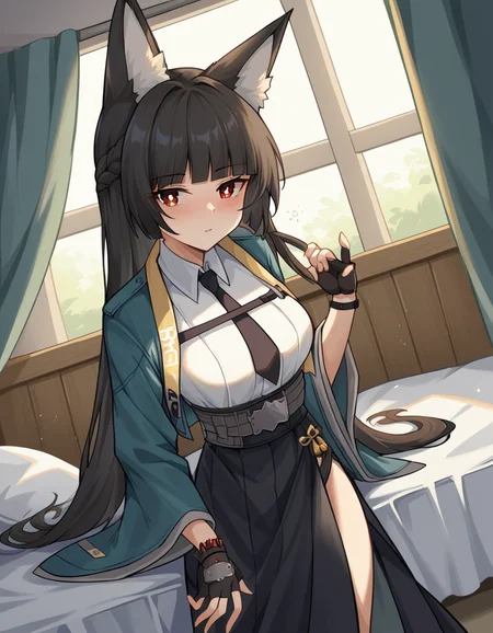 score_9, score_8_up, score_7_up, source_anime, miyabihoshimi, <lora:miyabi-hoshimi-ponyxl-lora-nochekaiser:1>, miyabi hoshimi,animal ear fluff, animal ears, black hair, bright pupils, fox ears, fox girl, half updo, long hair, red eyes, sidelocks, white pupils,, asymmetrical gloves, black gloves, black necktie, black skirt, blue jacket, collared shirt, fingerless gloves, gloves, high-waist skirt, jacket, long skirt, necktie, shirt, side slit, single fingerless glove, skirt, white shirt, wide sleeves,, indoors, bed, bed room, on side, blush, drunk, looking at viewer, solo, cowboy shot, dutch angle