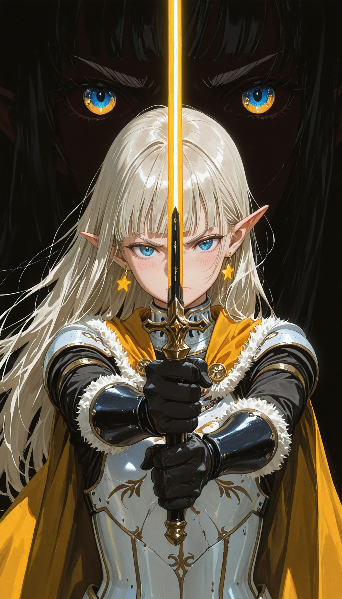 masterpiece, best quality, amazing quality, (oil painting \(medium\):1.7), (blending:1.5), 
1girl, solo, knight, elf, platinum blonde hair, long hair, windblown hair, pointy ears, hair behind ear, blunt bangs, forked eyebrows, blue eyes, detailed eyes, star earrings, light blush, serious expression, focused, looking at viewer, facing viewer,
white armor, gold trim, shoulder armor, yellow cape, fur-trimmed cape, armored gloves, black gloves, gold-trimmed gloves,  
holding sword, glowing sword, golden sword hilt, yellow glow, drama layer, menacing silhouette,